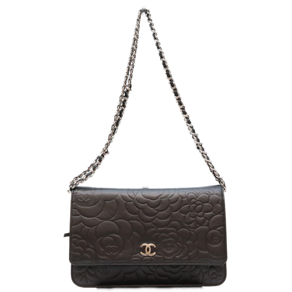 CHANEL A47421 Black Lambskin Silver Hardware Camellia Chain Wallet Shoulder B...